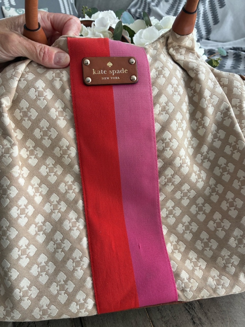 kate spade Beige Canvas Tote Diaper Bag or Beach Bawith Pink & Red Center Stripe - Picture 2 of 6